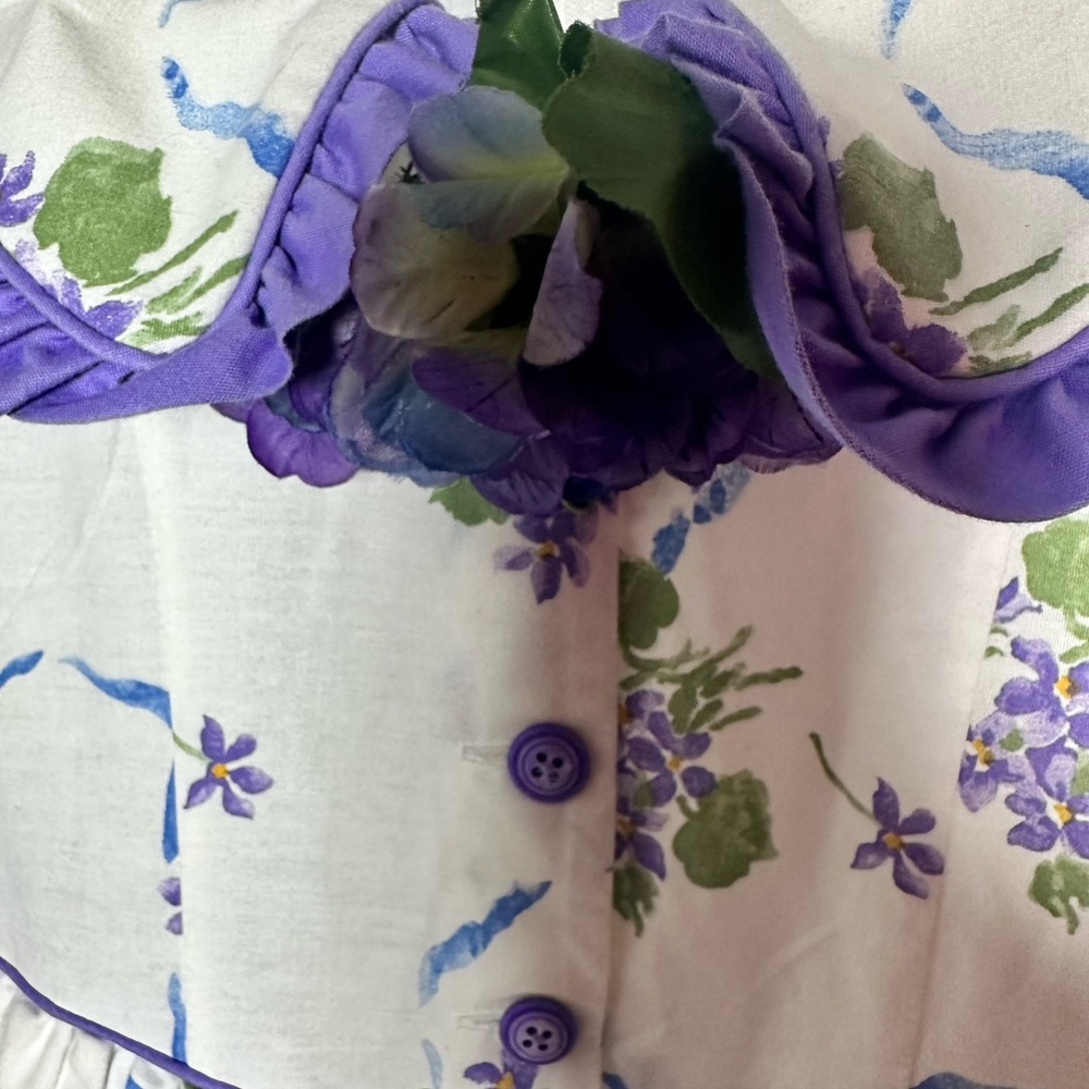Vtg White Purple Floral Tea Dress Puff Sleeves Collar Eyelet Lace Girl’s 10/12 - Picture 5 of 6